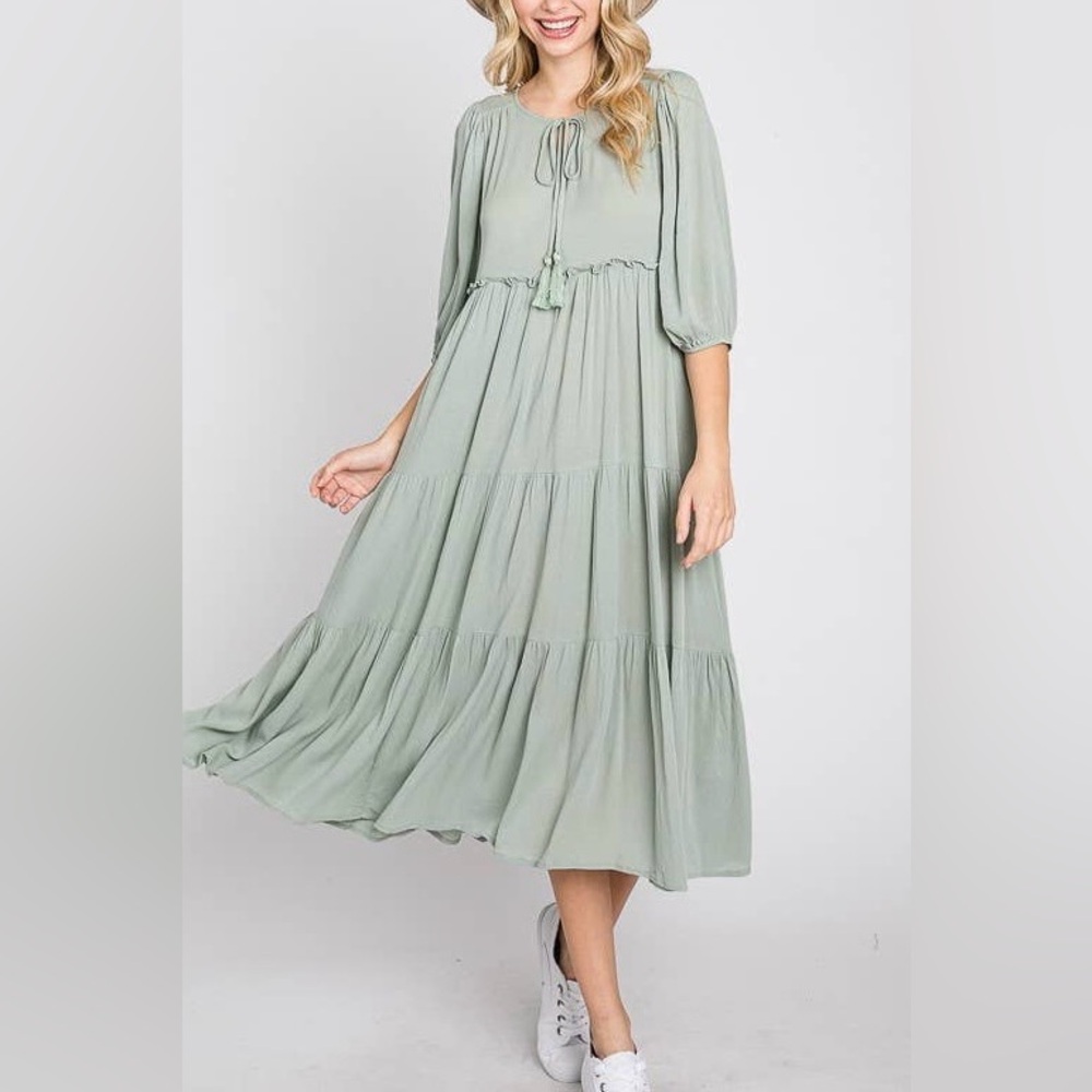 Elegant Green Midi Dress | Sage Puff 3/4 Sleeve Boho Tassel Flowy Dress